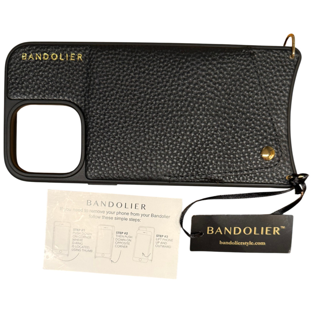 BANDOLIER Emma iphone 16 Pro Max Crossbody Phone Case Gold Black Pebble Leather